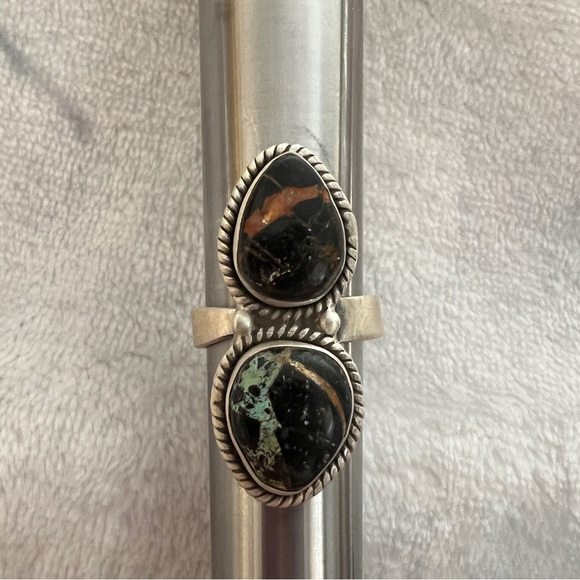 ❤️ Rare Black Jack Turquoise 2 Stone 926 Adj Size 8.25 Navajo Ring 9.5gm Unisex - Picture 11 of 11